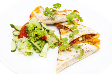 Mexican food dishes at the restaurant on a white background