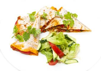 Mexican food dishes at the restaurant on a white background