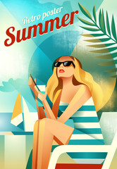 Retro poster with a girl sitting on the beach. Vector