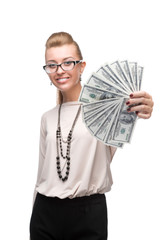 attractive businesswoman holding money