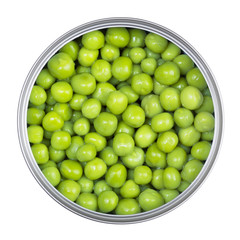 Green peas in can on a white background