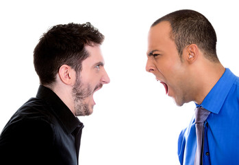 two angry men pointing fingers at each other blaming for problem