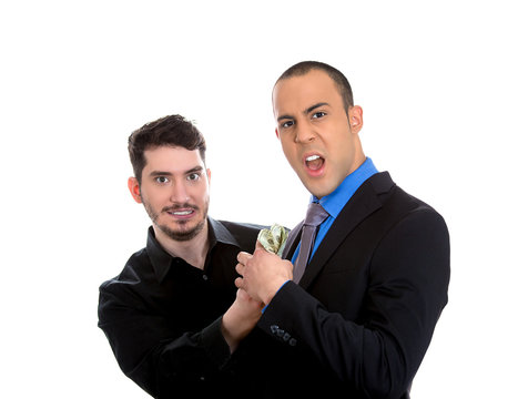sly agent happily stealing from shocked, surprised business man 