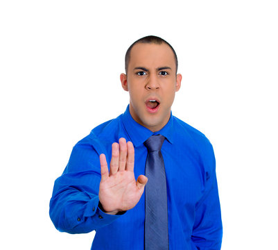 angry man bad attitude giving talk to stop hand gesture