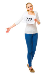 Young girl with question placard