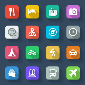 Travel flat icons. Colorful