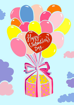 Happy Valentine's Day card with balloons and gift box