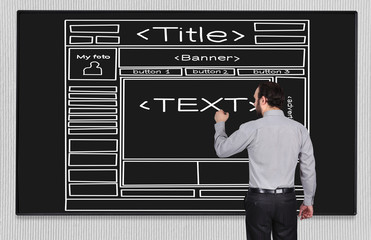 young businessman drawing website on blackboard