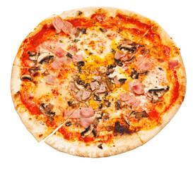 top view of thin pizza with mushrooms and ham