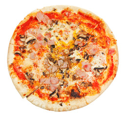 top view of italian pizza with mushrooms and ham