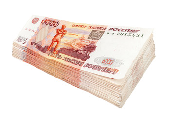 Stack of russian rubles bills isolated on white background