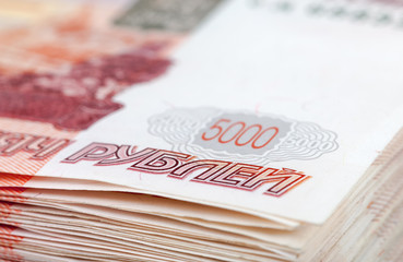 Pile of five thousands russian rubles bills closeup