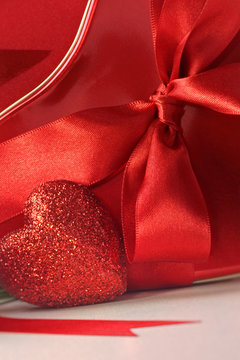 Closeup of hearts and red ribbons