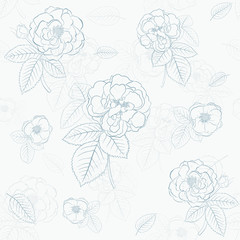 Seamless pattern of flowers, blue on white
