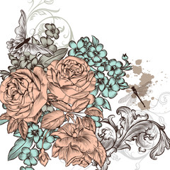 Grunge vector background with roses  flowers for design
