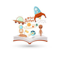 Open book and icons of science. Concept of education
