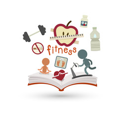 Open book and icons of fitness. Concept of education
