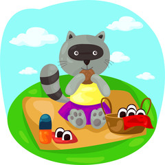 Obraz na płótnie Canvas cartoon raccoon picnic
