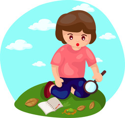 boy doing research study with magnify