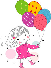 Cute little girl running with balloons