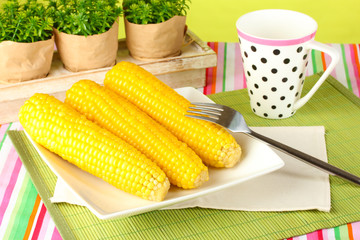 boiled corn and a cup on a green background