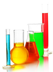 Test tubes with colorful liquids isolated on white