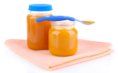 Jars  of various baby food, isolated on white