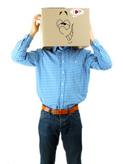 Man with cardboard box on his head isolated on white