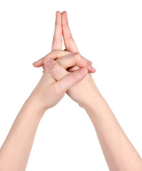 Hand yoga gesture isolated on white