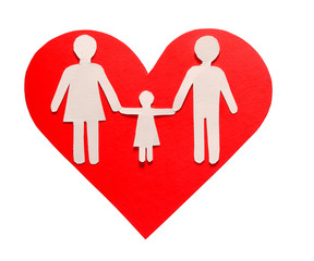 Paper Family in Red Heart isolated on white. Love and Family