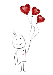 Hand drawn cartoon man with diamond shaped balloons