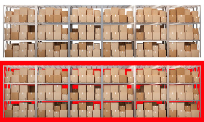Metal racks with boxes isolated on white background