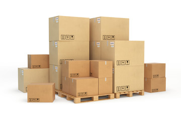 Cardboard boxes on a pallet. Isolated on white background. - obrazy, fototapety, plakaty