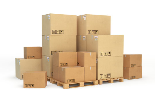 Cardboard boxes on a pallet. Isolated on white background.