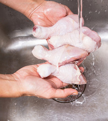 Female hands washing and cleaning chicken drumstick - obrazy, fototapety, plakaty