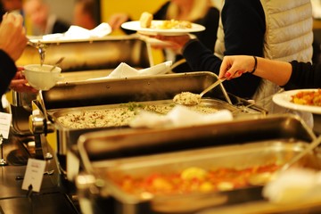 Waiting for food table in row at restaurant
