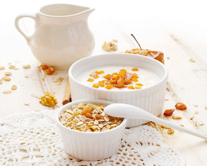 Healthy breakfast. Apple yogurt with cereal