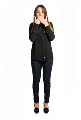 Fototapeta premium Pretty young girl with her mouth closed by her hands