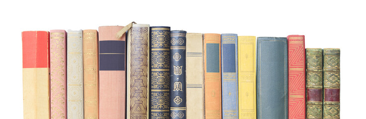vintage books in a row, isolated on white background, free copy