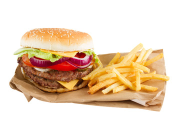 Burger and french fries  on paper