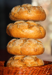 Stack of the soccerball rolls in a basket