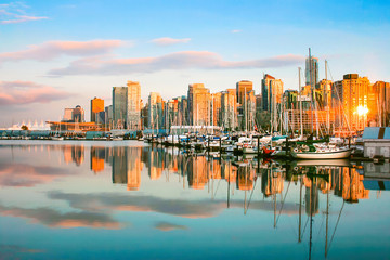 Vancouver skyline with harbor at sunset, BC, Canada