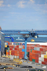 Cargo container, pipe and grain drayer in port of Odessa