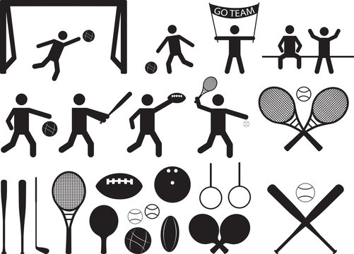 Sport pictogram people and objects illustrated on white