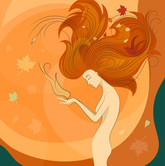 Autumn Style Fantasy Outline Sketch of Young Beautiful Woman