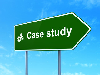 Education concept: Case Study and Gears on road sign background