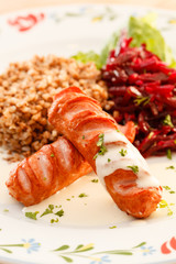 buckwheat with sausage and salad