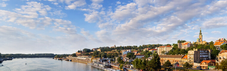 Fototapeta na wymiar Belgrade Tourist Port On Sava River With Kalemegdan Fortress And