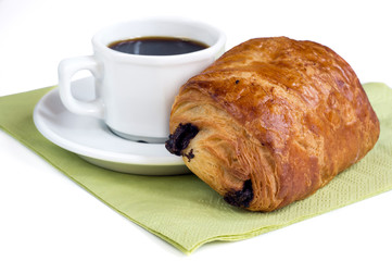 Cup of coffee and chocolate croissant on white background - 60437236