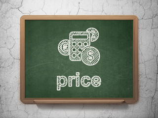 Marketing concept: Calculator and Price on chalkboard background